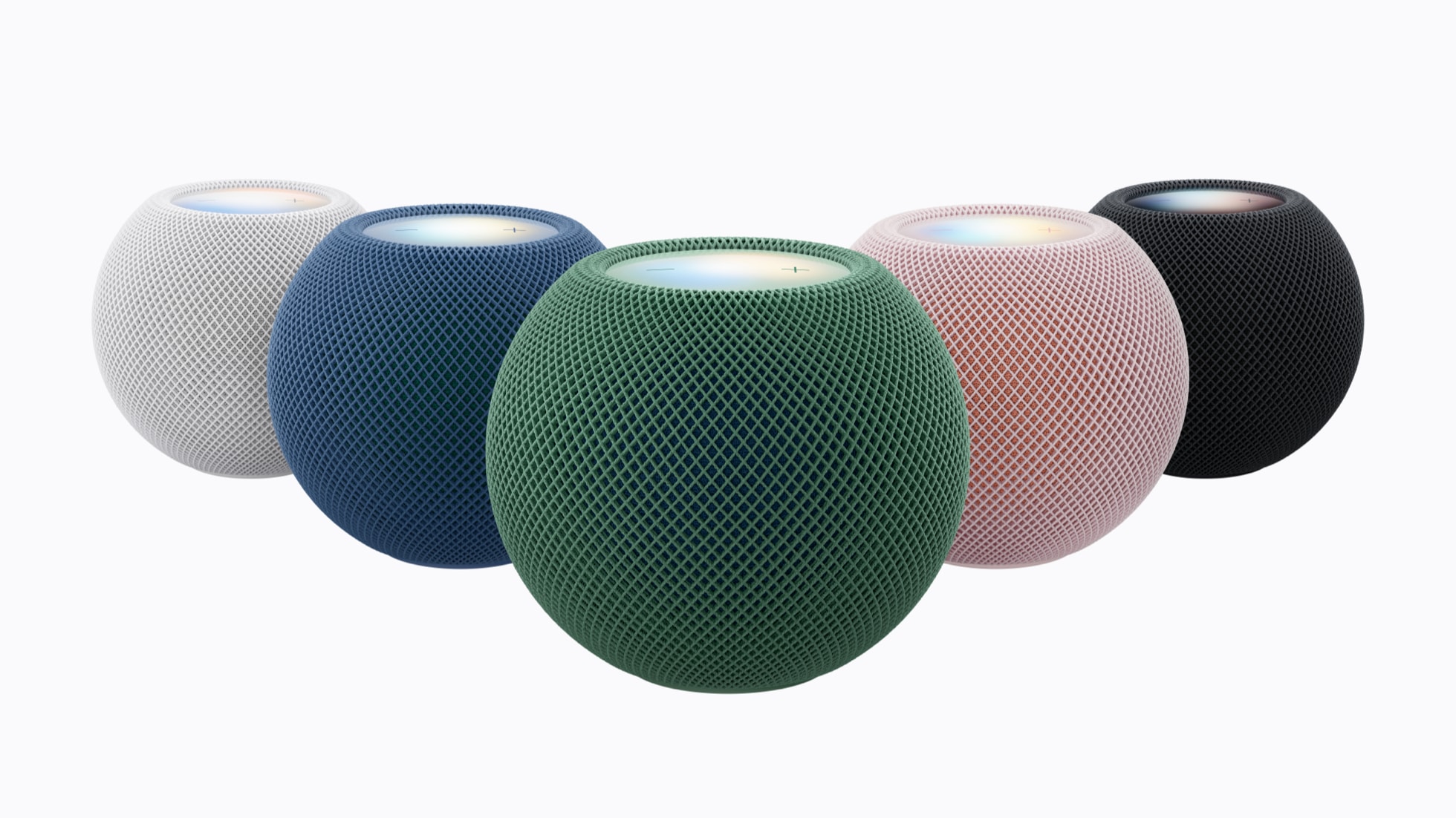 ホワイト、ブルー、グリーン、ピンク、ミッドナイトのHomePod mini 2。