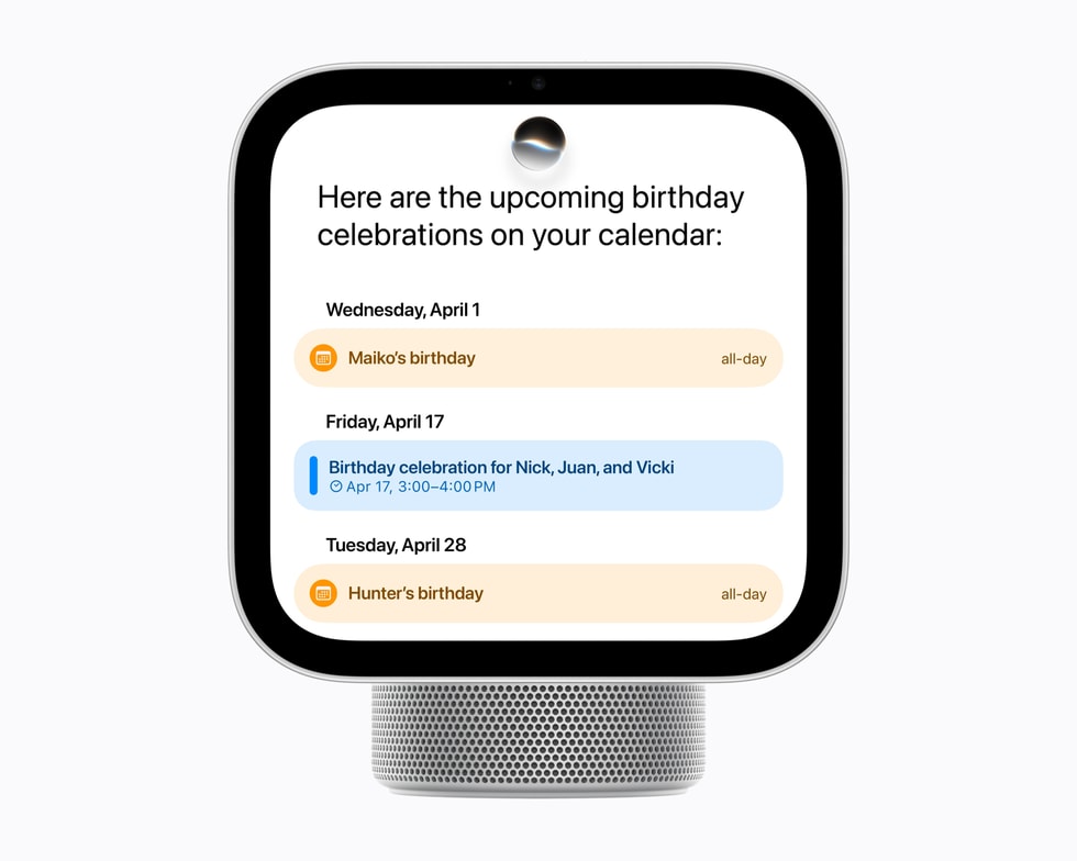 Siri AIが、HomeViewでユーザーのカレンダーアプリから情報を呼び出している様子。