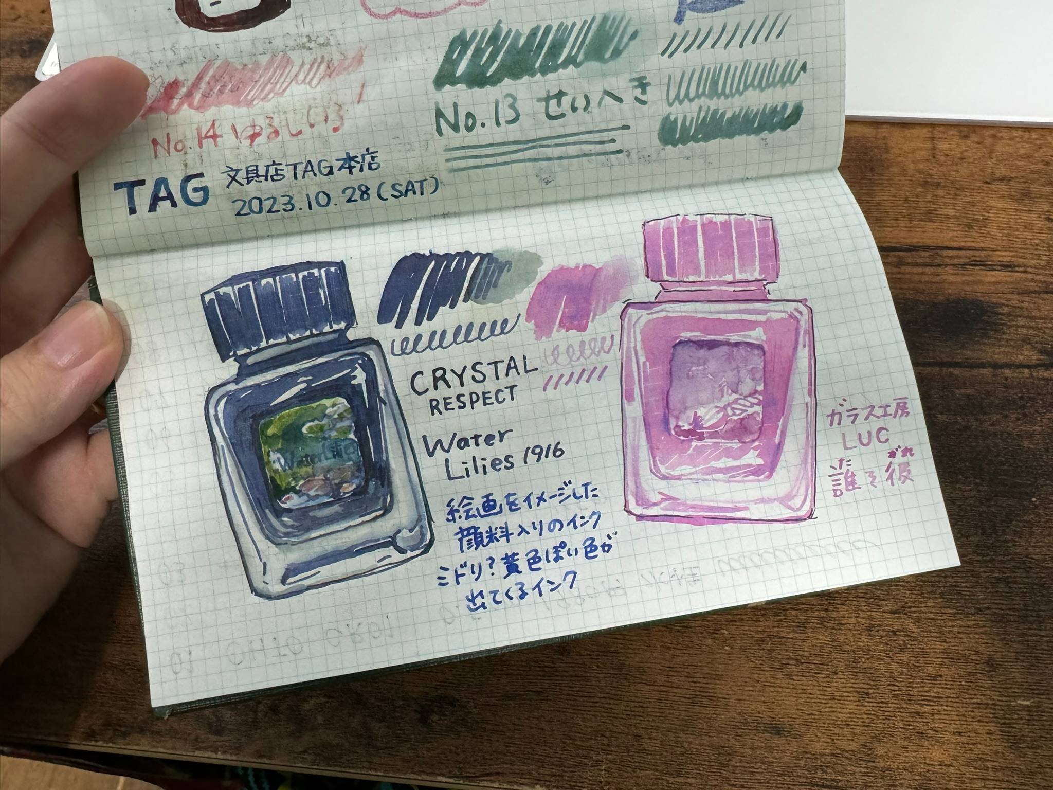 測量野帳に万年筆インクのボトルイラストと色見本を描き留めたページ
